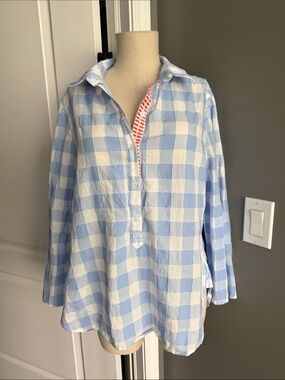 Persifor Blue & White Gingham Button Down Shirt Blouse with Contrasting Orange